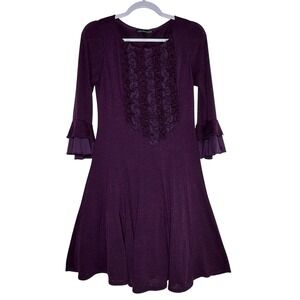 Chris McLaughlin Purple Ruffle Bib Fit and Flare Dress Bell Sleeve Size 8